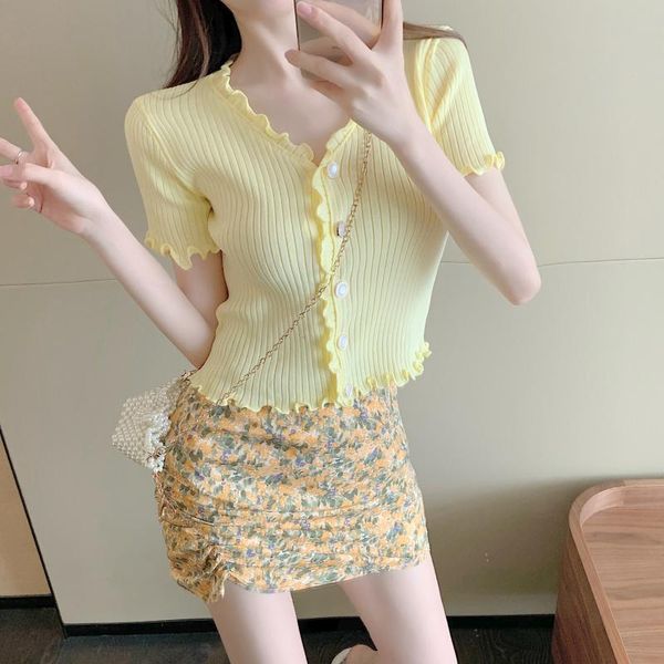 

women's t-shirt 2021 summer women short sleeve v neck ruffles t shirt shrot tee knitted button sweet ice silk thin tshirt elegant, White