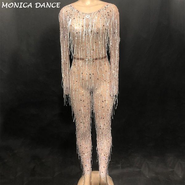 

new nightclub women glisten silver rhinestones jumpsuit white tassel perspective outfit birthday celebrate evening jumpsuit, Black;white