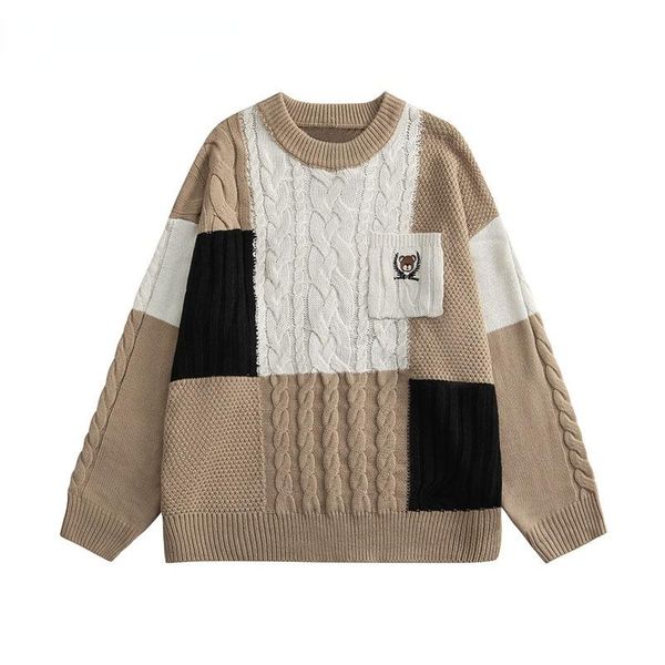 

men's sweaters 2021 harajuku streetwear color block patchwork cartoon bear knitted jumpers sweater hip hop casual knitwear, White;black