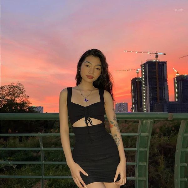 

women spaghetti strap dress spring summer hollow out sleeveless slim dresses 2021 lady casual mini mujer, Black;gray