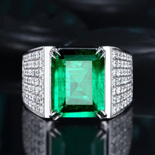 

cluster rings classic trendy men's 925 silver big stone wedding square cut green crystal cz vintage ring personality jewelry, Golden;silver