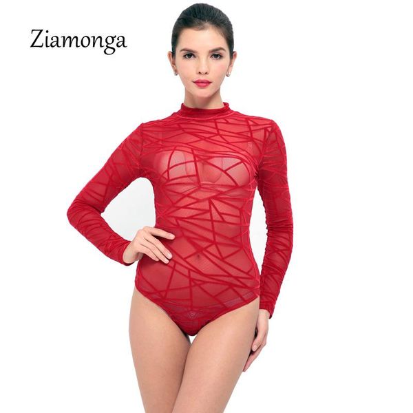 

ziamonga transparent black mesh bodysuit women summer jumpsuit romper fitness hollow out club party bodysuits long sleeve, Black;white