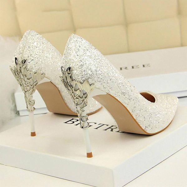 

dress shoes 2021 est women pumps high thin heel metal pointed toe shallow ladies bling bridal wedding white heels96, Black