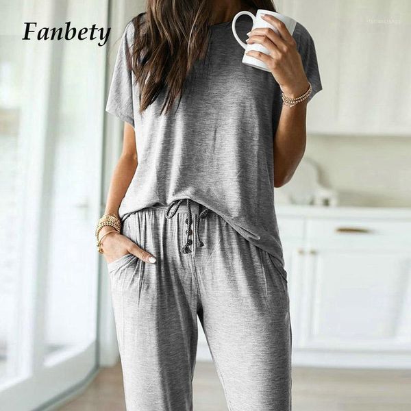

spring casual o-neck short sleeve sets women elegant soft and long pants ladies fashion solid homewear tracksuits women's, Gray