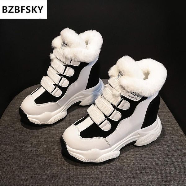 

boots winter women ankle heels high wedge warm fur platform leather sneakers cotton snow for woman size34-39, Black