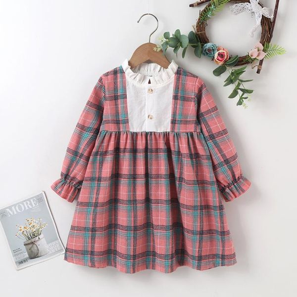 

girl's dresses winter 2021 arrivals girls dress long sleeve ruffles patchwork pink plaid bodycon cute streetwear vestidos 18m-6t, Red;yellow