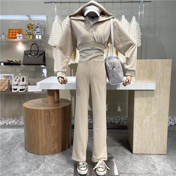 

women's two piece pants brand original design 2021 hooded long sleeve casual sweater+ cross cut high waist straight sweatpants girl fas, White