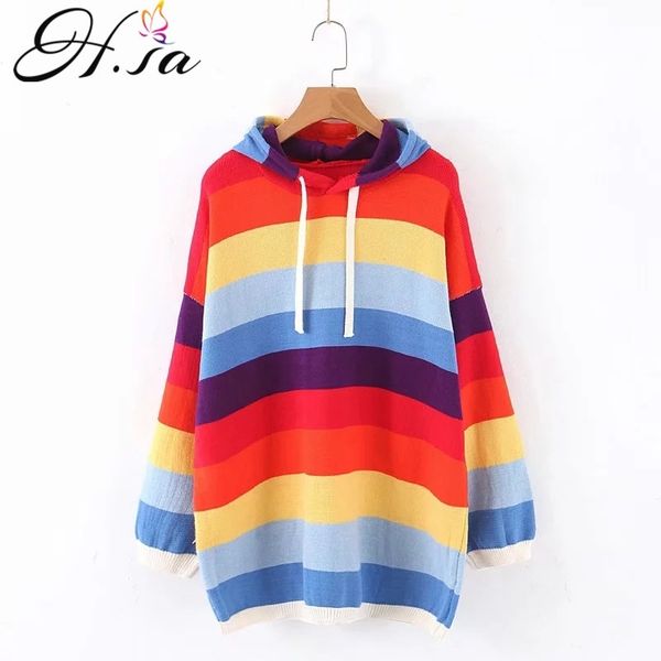 

h.sa women hooded sweater and jumpers long sleeve oversized loose pull jumpers ins fashion korean style rainbow pull femme hiver 210716, White;black