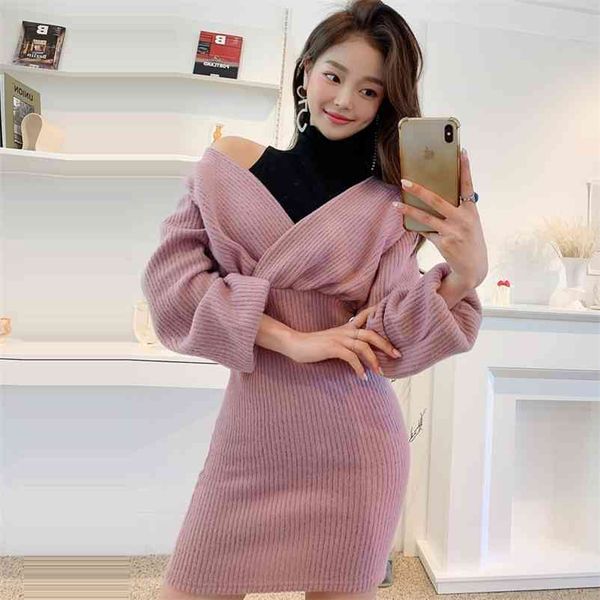 

winter pink knitting korean ladies long sleeve off shoulder party tight sweater dress for women clothing 210530, Black;gray