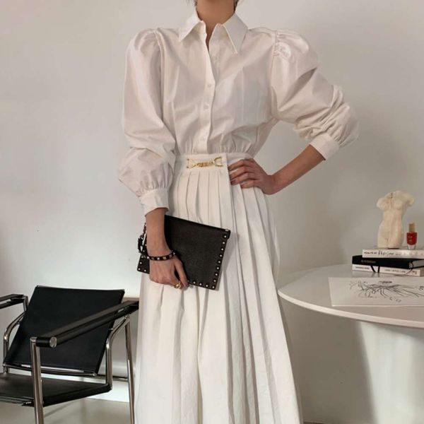 

temperament korea chic design small crowd waist slim skirt south spring and autumn new long sleeve pleated shirt dress hot, Black;gray