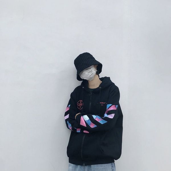 

trendy brand new back creative arrow print plush loose zipper sweater, Black