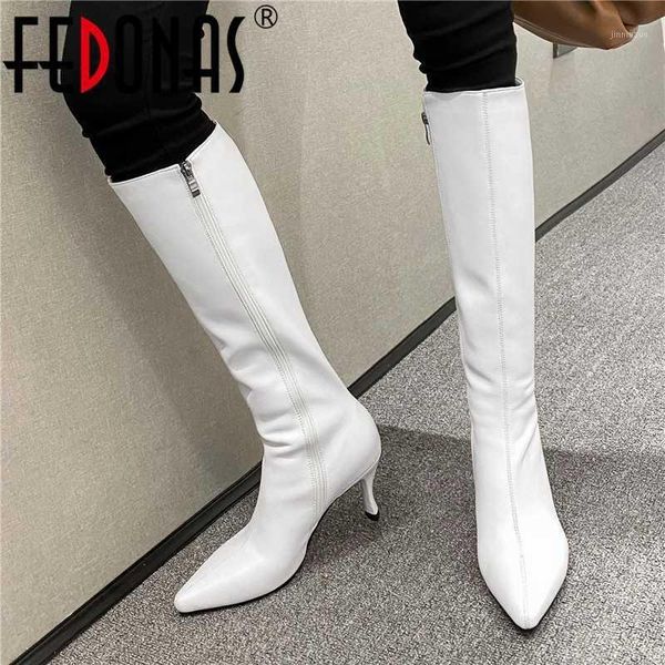 

boots fedonas elegant knee high for women side zipper heels fashion wedding office lady slim long shoes woman1, Black
