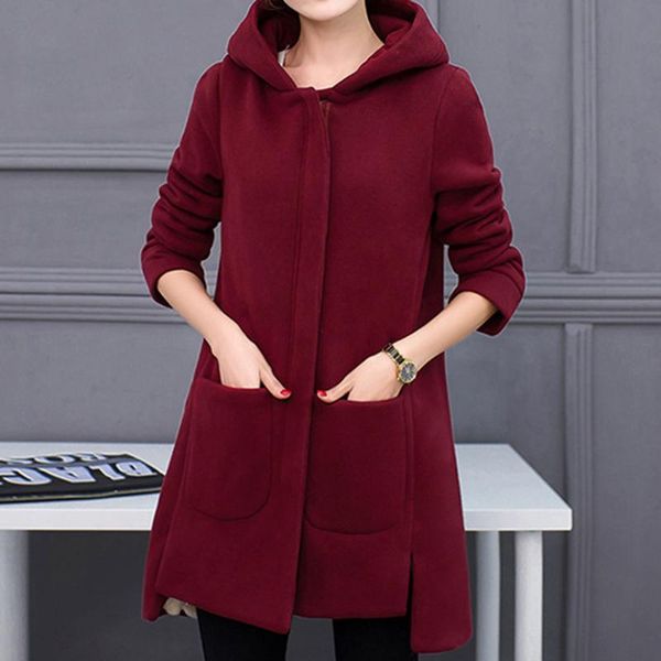 

womens lapel solid color jackets pockets elegant all-match full sleeve outerwear hooded female 2021 autumn winter long coat, Black;brown