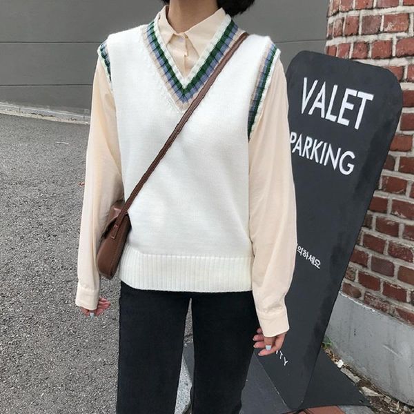 

women's sweaters korean vintage preppy style striped v neck vest sleeveless sweater women 2021 autumn winter, White;black