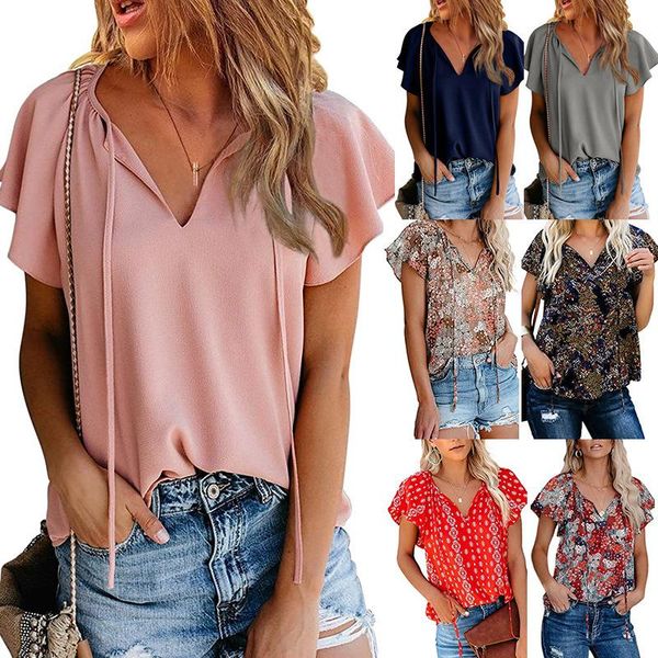 

women's t-shirt v neck simple solid short sleeve shirt tees smmer lace up casual t plus size fashion elegant ol pullover, White