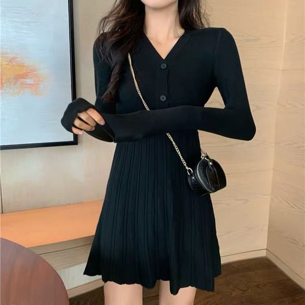 

autumn and winter v-neck long-sleeved high-waisted dress slim stretch knit dress black mini dress korean versionswimwear bathing suits swims, Black;gray