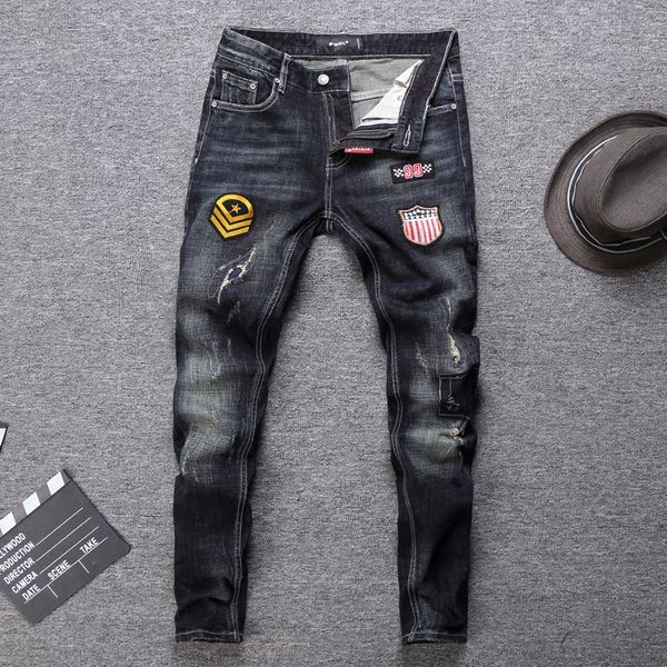 

2021 new fashion streetwear retro black blue color slim fit patches designer ripped men punk pants hip hop jeans homme oxq2