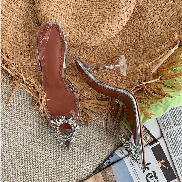 

dress shoes 2021 ins fashion crystal princess wedding pointed toe embellished pvc transparent clear high heel, Black