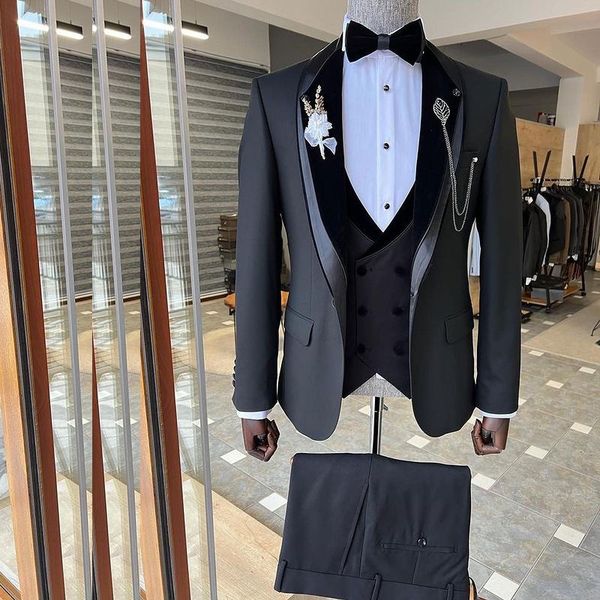 

design 3 pieces slim fit wedding tuxedos velvet shawl lapel males prom business suit one button gentleman coat, Black;gray