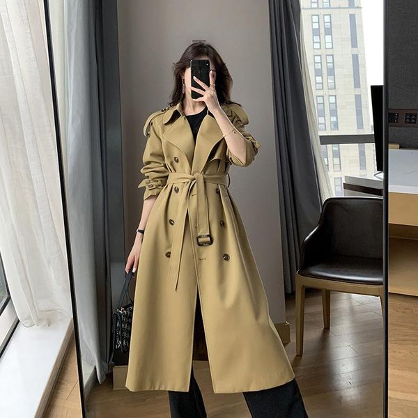 

khaki windbreaker spring new high end fashion temperament medium long overcoat double breasted chic classic treach women, Tan;black