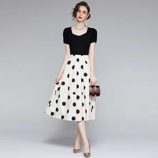 

women elegant vintage office two piece sets summer female black square neck short sleeve + fashion polka dot skirt sets 210525, White