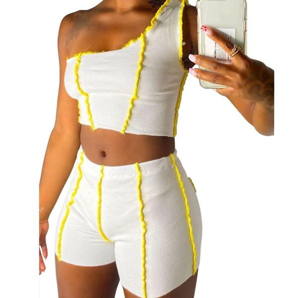 

women's tracksuits suit one-shoulder vest shorts vertical pattern decoration style summer polyester clothing, Gray
