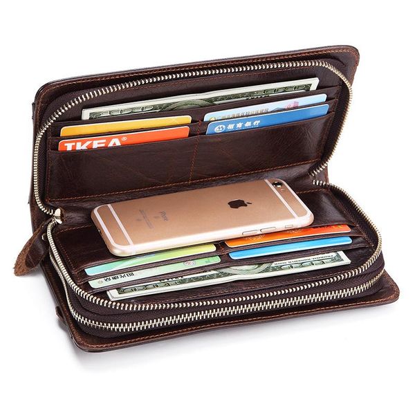 

wallets retro business long men wallet oil wax leather zipper genuine cowhide fashion casual multi card phone bag coin purse, Red;black