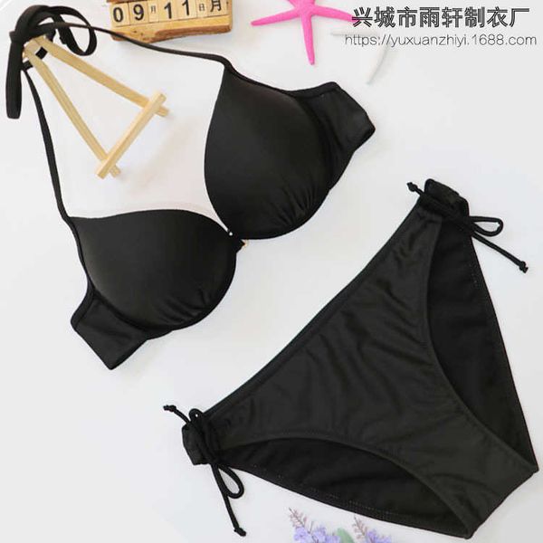 

black tie neck steel cup bikini split beach spring swimsuit, White;black