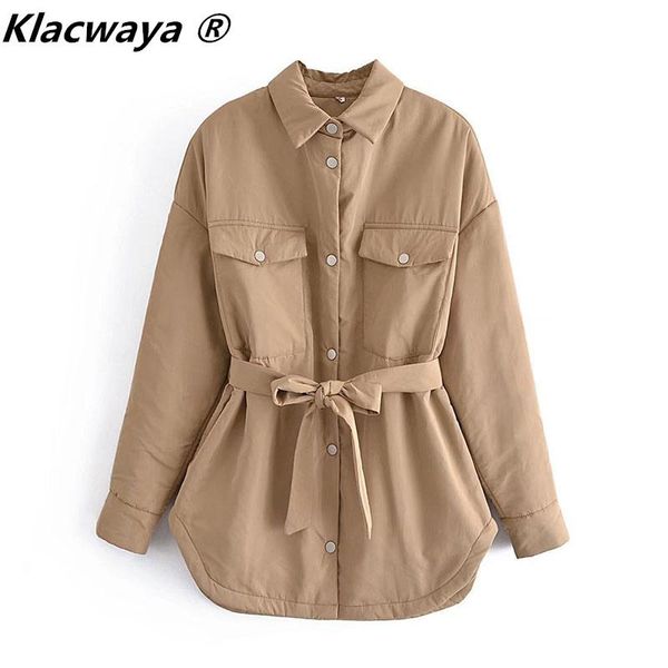 

women's down & parkas klacwaya women fashion with belt oversized thin padded coat vintage long sleeve pockets female outerwear cotton j, Black