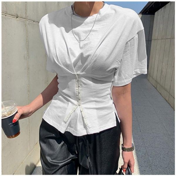 

women's t-shirt short-sleeved casual loose stitching breasted white one piece tees