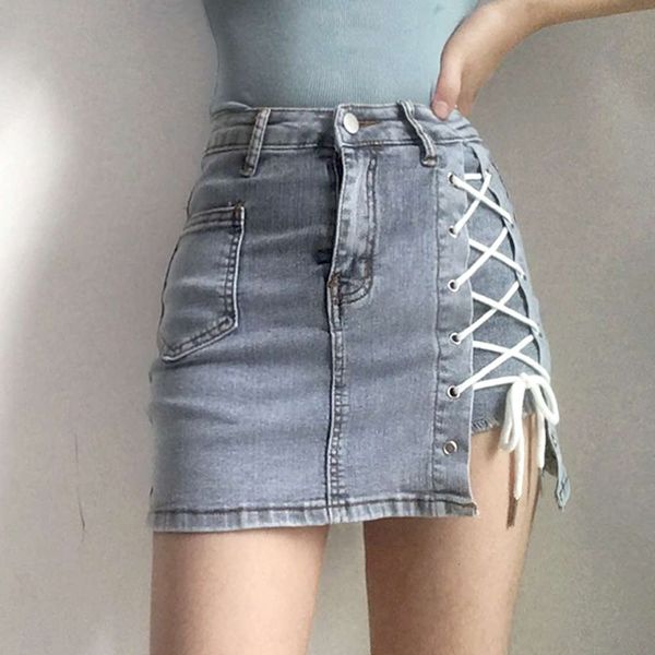

girl bandage washed denim miniskirt with high waist buttocks, close fitting, leg length and anti light fake two-piece trouser skirt, Blue