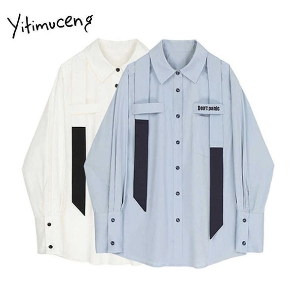 

yitimuceng patchwork blouse women button shirt loose solid spring long sleeve turn-down collar office lady casual 210601, White