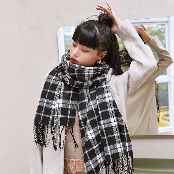 

scarf women's winter thickened warm long imitation cashmere plaid collar korean versatile student shawl dual purpose simple, Blue;black