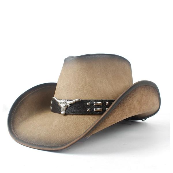 

cloches 2021 retro cowboy hat comfortable leather felt western cow head decoration casual size 58-59cm, Blue;gray