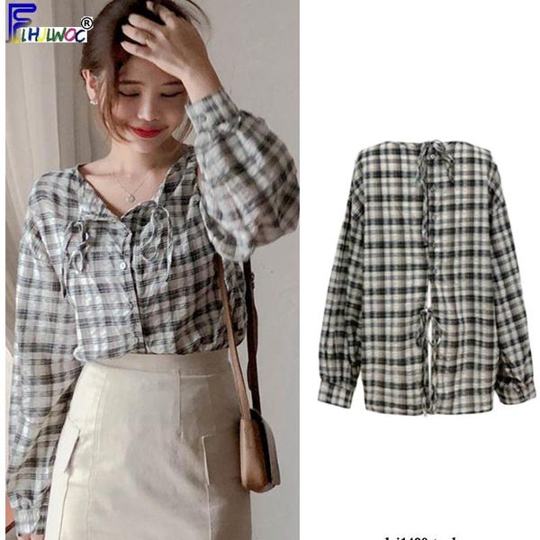

women's blouses & shirts plus size women autumn fall design long sleeve bow tie plaid shirt blouse korea japan preppy style cute 88, White