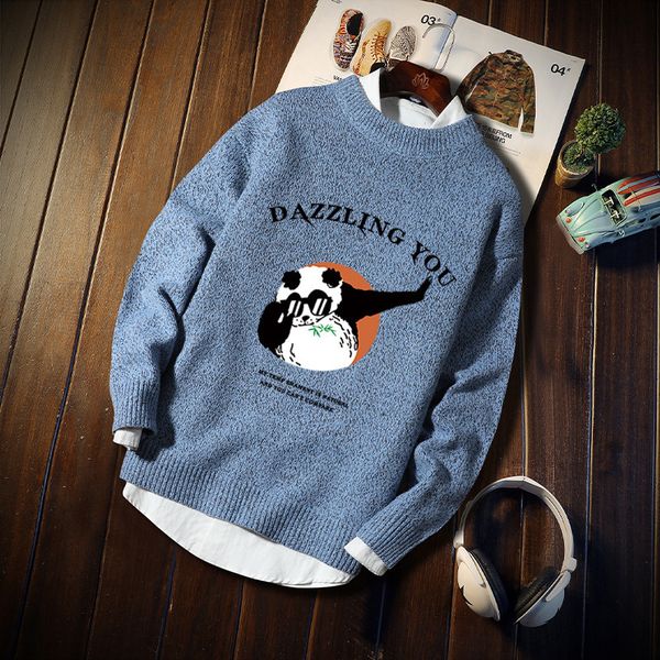 

2021 new autumn and winter panda print crew neck neck-neck male trend more size loosely knitted sweater warmer cashmere sweater29t7, White;black