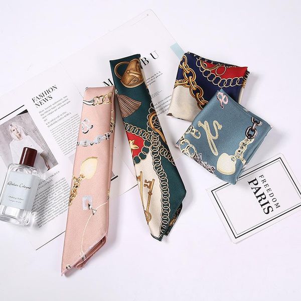 

scarves square silk scarf women 2021 print small neck office female hair tie band foulard hand kerchief lady elegant retro shawl, Blue;gray