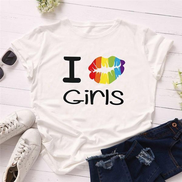 

rainbow lip print i kiss girls funny letter print women t shirts short sleeve casual white tshirts women clothes korean