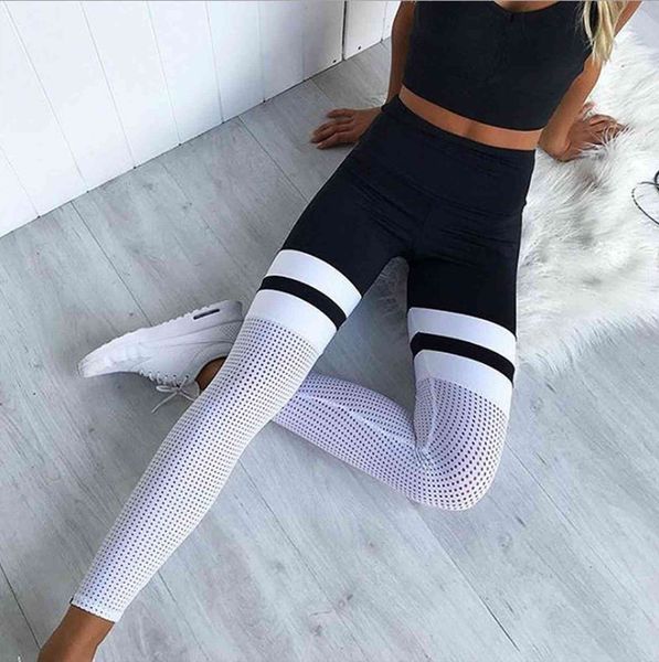 

fishing net leggins mujer womens legging patchwork splicing long sports pants fashion mesh breathable hollow out trousers, Black