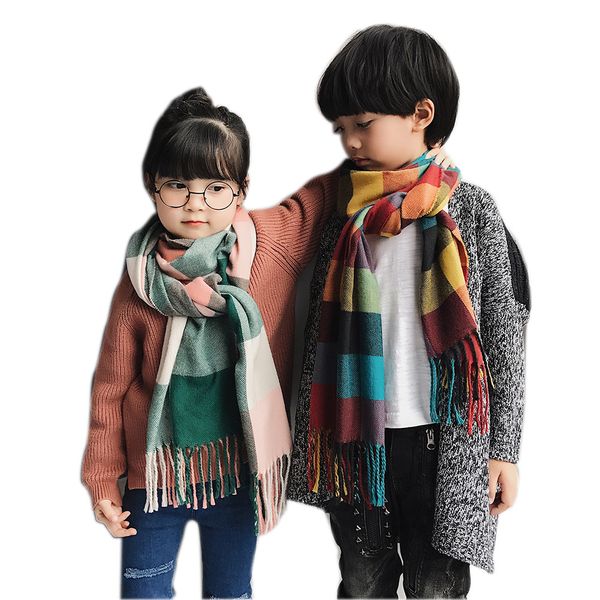

children's scarf family look matching outfits mother kids warm neck wear thick plaid boys girls autumn fleece shawl, Blue;gray