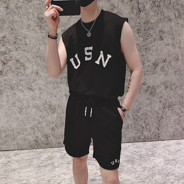 

2021 new korean summer men's sweater fashion sleeveless vest plus shorts defines all comfortable young games two of 2-color sets 9w57, Gray
