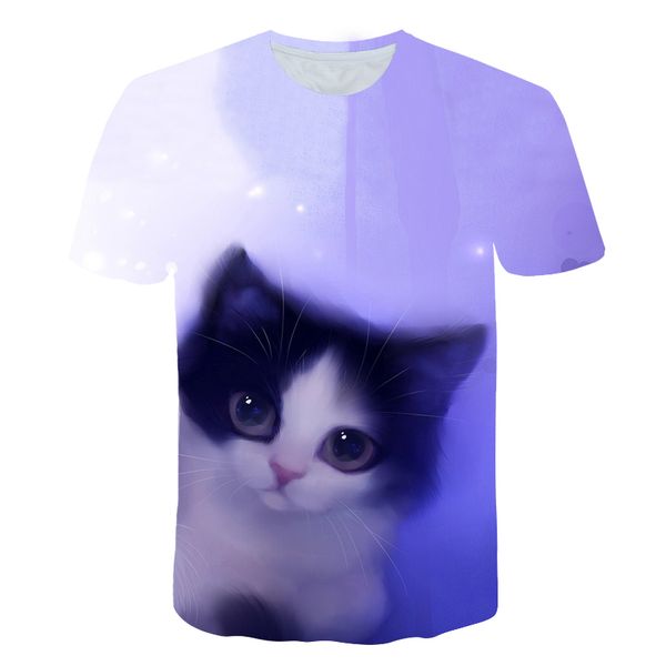 

girls cartoon original fashion 3d printing t-shirt 4t-14t childrens travel comic cat quick-drying round neck short sleeve, Blue