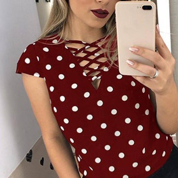 

womens fashion dot blouse v neck tunic casual slim short sleeve chiffon blouse womens and blouses dropshipping, White