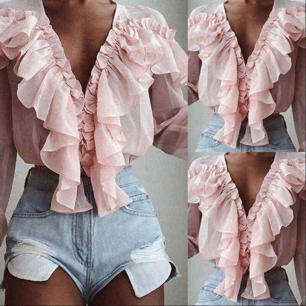 

summer womens blouses women long sleeve ruffle blouse shirt tees frill shirts v neck butterfly office lady chiffon, White