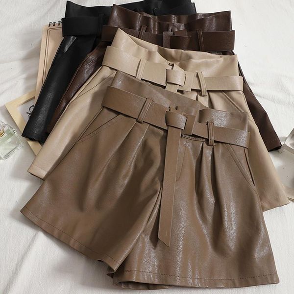

women's shorts women pu 2021 autumn winter casual high waist leather female all match a line wide leg outwears with belt, White;black