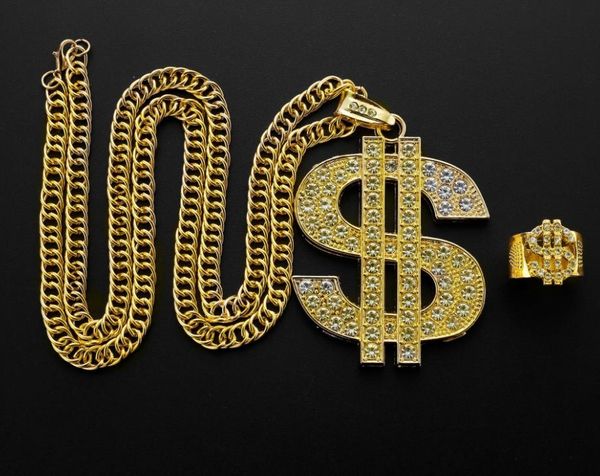 Corrente de colar de ouro com cifrão decoração de festa 18K banhado a hip hop pingente de cristal para homens 30 polegadas