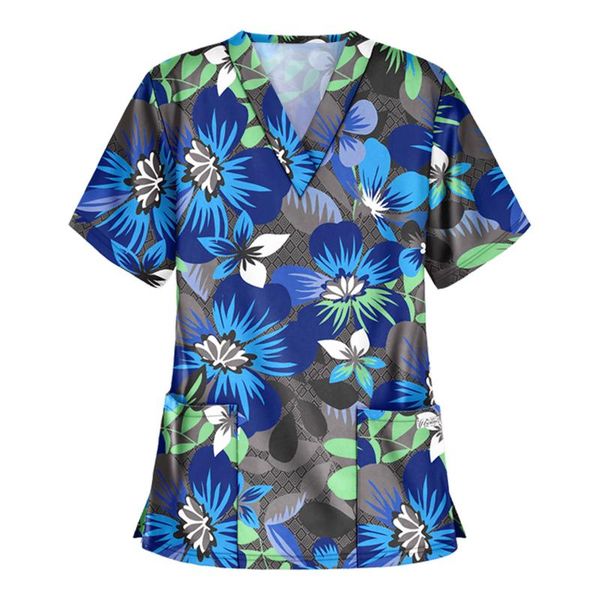 

women's t-shirt 40# women florak t-shirts pockets short sleeve v-neck working uniform work clothing, White
