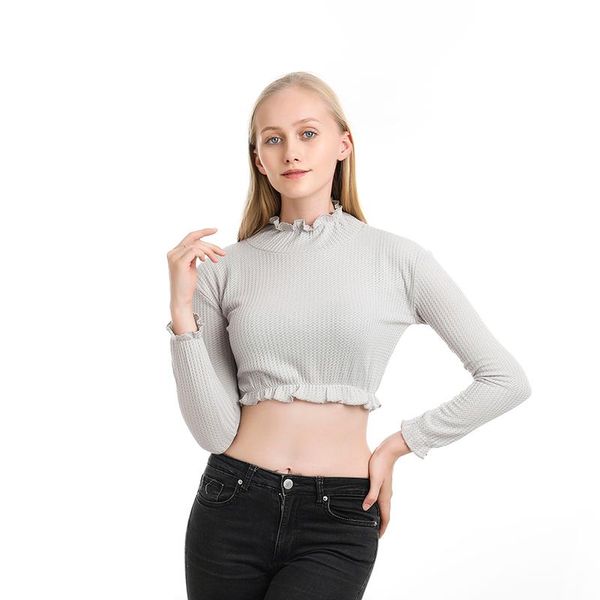 

women's t-shirt fashion women high neck t shirt solid color lace long sleeve short tee slim casual female, White