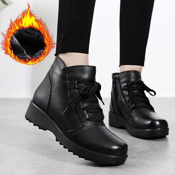 

boots leather plus velvet thick warm women's shoes middle-aged and elderly non-slip soft bottom mother cotton1, Black