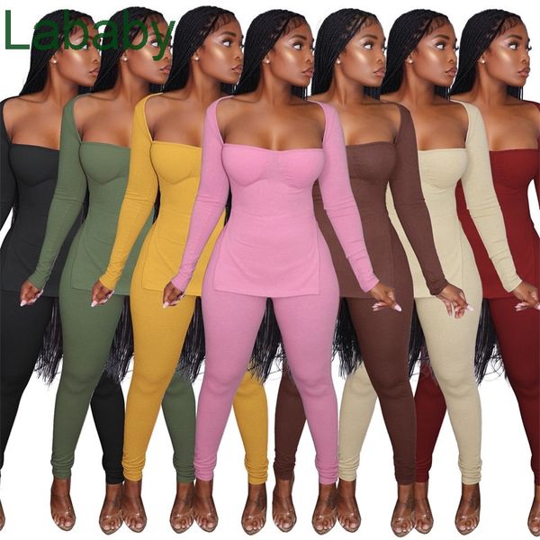 

women tracksuits two piece set designer pit strip suit autumn winter long sleeve square neck split slim trousers solid colour sportwear, Gray